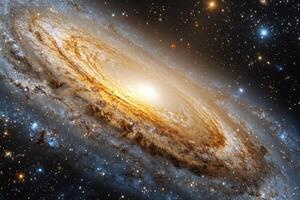 A spiral galaxy with a bright core and swirling arms, surrounded by a vast expanse of stars. photo