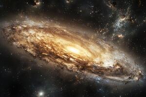 A spiral galaxy with a bright core and swirling arms, surrounded by stars and nebulae. photo