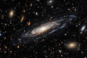 A spiral galaxy with a bright core, surrounded by numerous stars and other galaxies in the deep space. photo