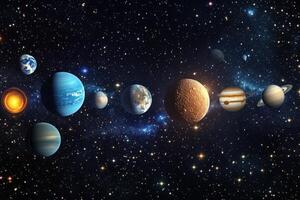 A stunning illustration of the solar system, showcasing the sun and all the planets in their correct order. photo