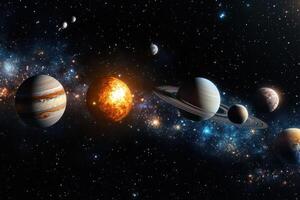 A stunning depiction of the solar system with the sun, planets, and the Milky Way galaxy in the background. photo