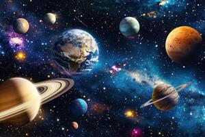 A stunning illustration of the solar system with all the planets and stars. photo