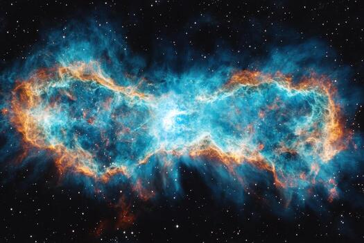 A stunning nebula, a cosmic cloud of gas and dust, glows in vibrant blues and oranges against a backdrop of twinkling stars. photo