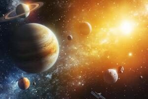 A stunning illustration of the solar system with all the planets and a bright sun in the background. photo