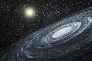 A spiral galaxy with a bright star in the background. photo