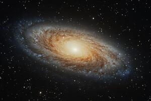 A stunning spiral galaxy with a bright core and swirling arms against a backdrop of distant stars. photo
