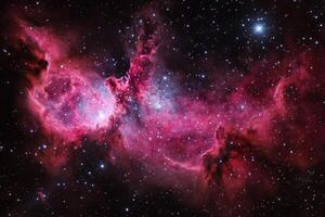 A nebula in space, with red and pink colors, and a scattered field of stars. photo