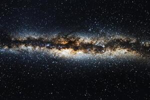 A panoramic view of the Milky Way galaxy, a band of stars and dust that stretches across the night sky. photo