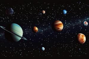 A panoramic view of the solar system with planets and stars. photo