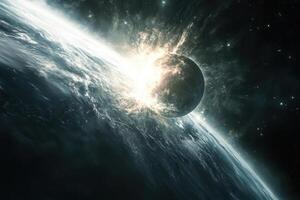 A planet explodes near a blue planet in space. photo
