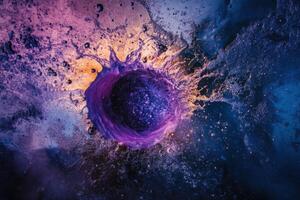 A purple sphere splashes in a pool of water, creating a burst of colorful droplets and a circular ripple. photo