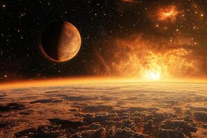 A red planet with a fiery sunrise in the background. photo