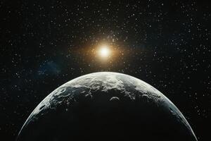 A planet with a sun rising over its horizon, seen from space. photo
