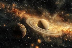 A ringed gas giant and a rocky exoplanet against a backdrop of a glittering Milky Way galaxy. photo