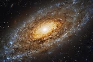 A spiral galaxy with a bright core and dust lanes. photo