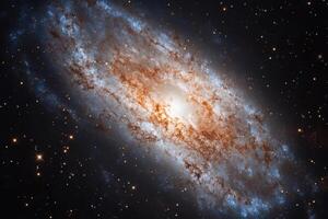 A spiral galaxy with a bright core and arms. photo
