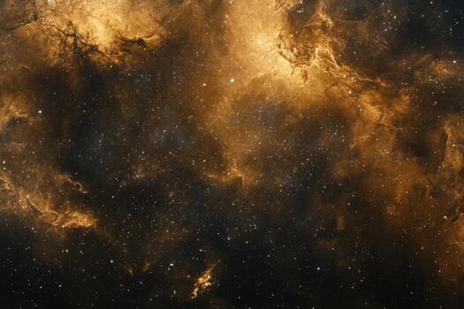 A stunning view of a golden nebula with scattered stars in a dark space. photo