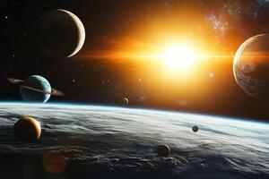 A stunning view of a solar system with a bright sun, multiple planets, and stars in the background. photo