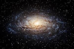 A stunning view of a spiral galaxy with a bright core, surrounded by a field of stars against a black backdrop. photo