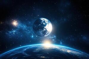 A stunning view of Earth from space, showing the planet against a backdrop of stars and a rising sun. photo