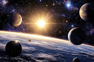 A stunning view of a sunrise over a planet with multiple moons and a spacecraft flying past. photo