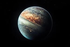 A vibrant, gas giant planet with swirling clouds and a deep blue atmosphere, set against a backdrop of a dark, starry sky. photo