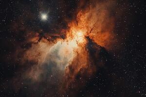 A vibrant nebula in the night sky, glowing with orange and white light, against a backdrop of twinkling stars. photo