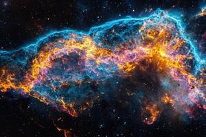 A vibrant nebula with glowing gas and dust clouds in a dark space. photo