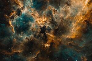 A vibrant nebula with swirling clouds of gas and dust, illuminated by a bright star cluster. photo
