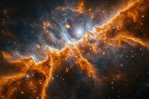 A vibrant nebula with swirling clouds of gas and dust, illuminated by a bright star in the center. photo