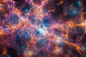 A vibrant nebula with swirling clouds of gas and dust, illuminated by bright stars. photo
