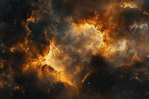 A vibrant nebula with swirling clouds of gas and dust in shades of orange and yellow against a backdrop of twinkling stars. photo
