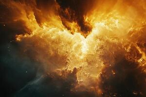 A vibrant nebula with swirling clouds of orange and yellow gas against a dark space background. photo