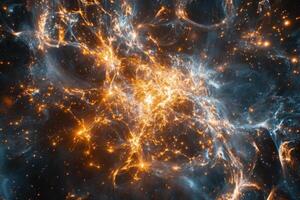 A vibrant nebula with swirling colors and bright stars in space. photo