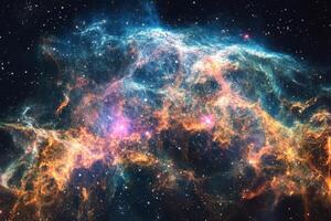 A vibrant nebula with swirling colors and bright stars. photo