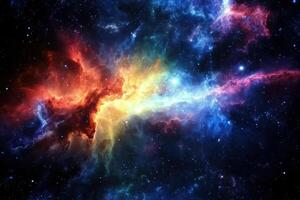A vibrant nebula with swirling colors of red, blue, and yellow. photo
