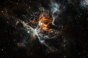 A vibrant nebula with swirling gas and dust clouds. photo