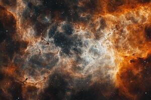A vibrant nebula with swirling gas and dust clouds in space. photo
