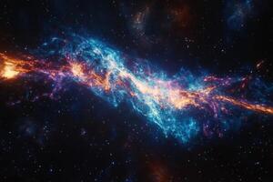 A vibrant nebula with swirling gas and dust in shades of blue, orange, and purple against a backdrop of twinkling stars. photo