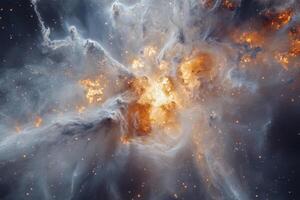 A vibrant nebula with swirling gas and dust, radiating a warm glow against a dark backdrop. photo