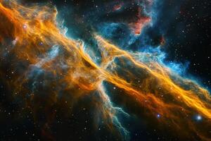 A vibrant nebula with swirling orange and blue hues. photo