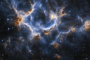 A vibrant nebula with swirls of blue and orange gas in the night sky, lit by distant stars. photo