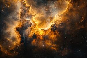 A vibrant nebula with swirling orange and yellow gas clouds against a backdrop of twinkling stars. photo