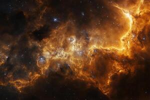 A vibrant nebula with swirling orange and yellow clouds against a dark background, sprinkled with stars. photo