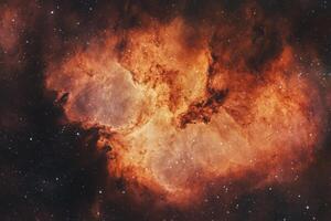 A vibrant nebula with swirls of orange and yellow against a backdrop of twinkling stars. photo
