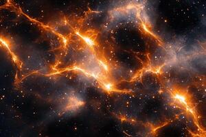 A vibrant, orange nebula with swirling, lightning-like patterns against a dark, starry background. photo