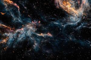 A vibrant nebula with swirls of orange, blue and white gas clouds against a dark starry background. photo