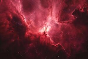 A vibrant nebula with swirling red clouds and twinkling stars. photo