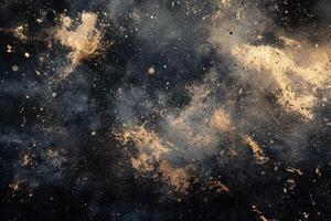 Abstract black background with gold and white splatters. photo