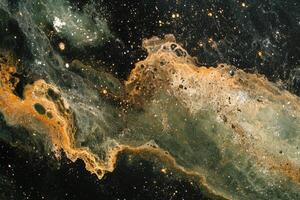 Abstract cosmic background with green and gold nebulae against a dark background. photo
